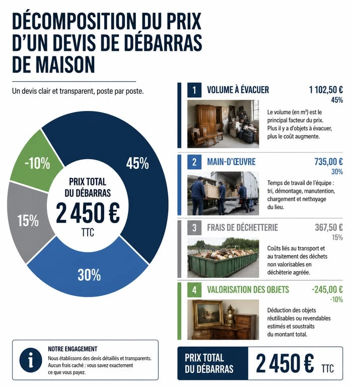 Infographie expliquant le calcul et la composition d'un exemple de devis débarras maison
