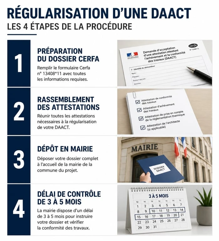 Infographie des étapes de régularisation d'un oubli de déclaration d'achèvement des travaux DAACT