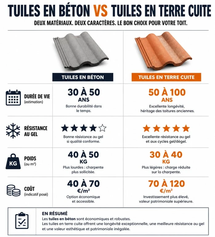 Comparatif durée de vie et caractéristiques tuiles béton vs terre cuite