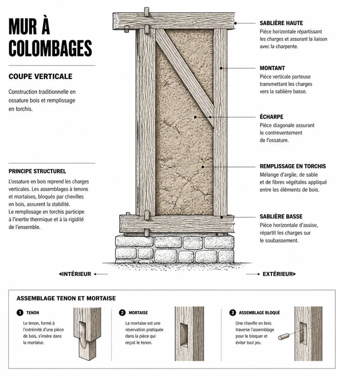 Schéma technique d'une structure de maison à colombages et ses composants