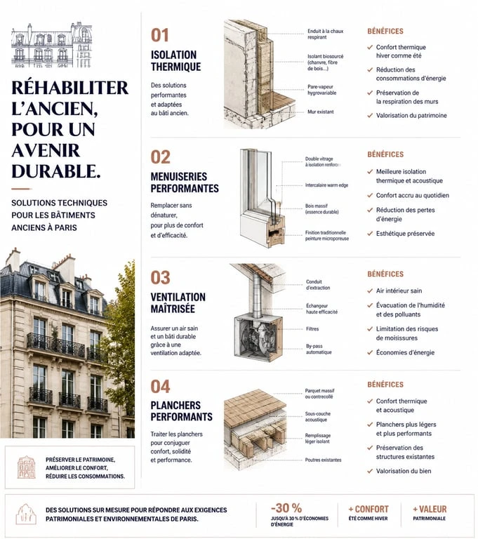 Infographie des solutions techniques pour la réhabilitation de bâtiments anciens à Paris