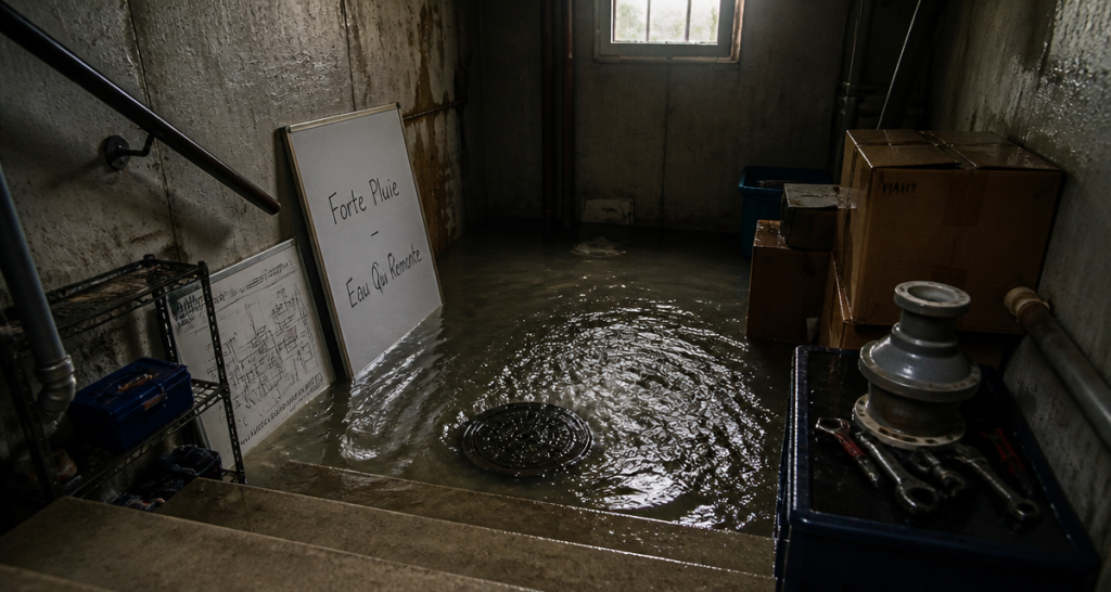 Forte pluie eau qui remonte cave inondée