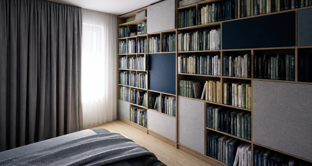 isolation phonique mur chambre sans travaux bibliothèque et rideau acoustique