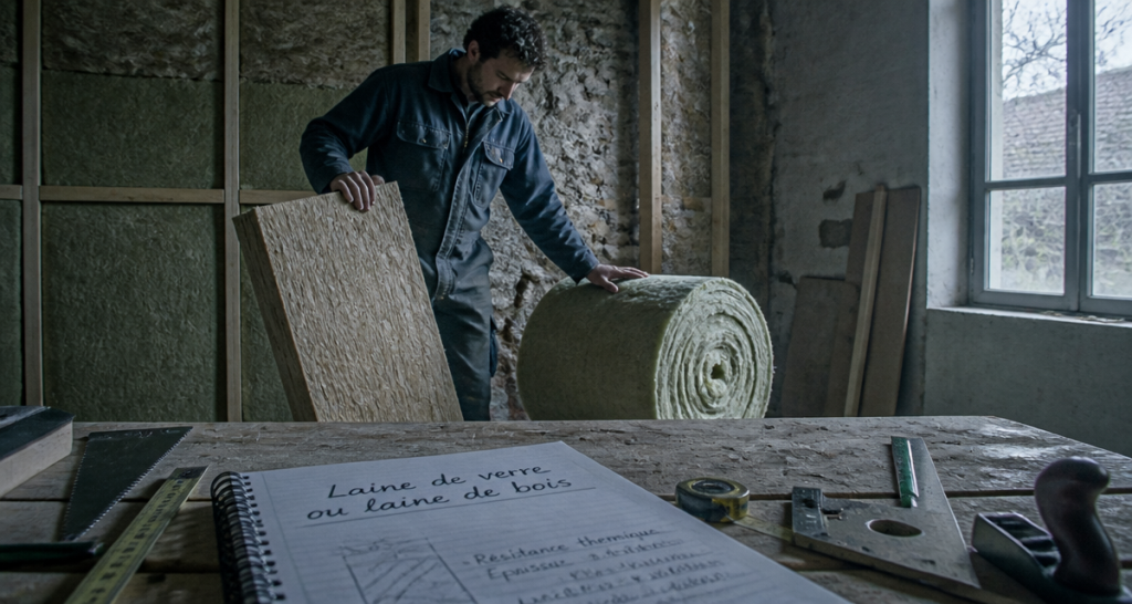 Artisan isolant un mur avec laine de verre ou laine de bois