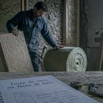 Artisan isolant un mur avec laine de verre ou laine de bois
