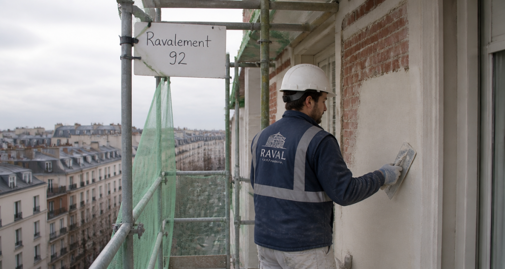 Ravalement 92 artisan sur chantier façade