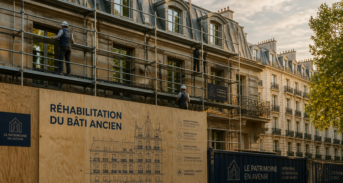 réhabilitation de bâtiments anciens Paris, façade haussmannienne en travaux