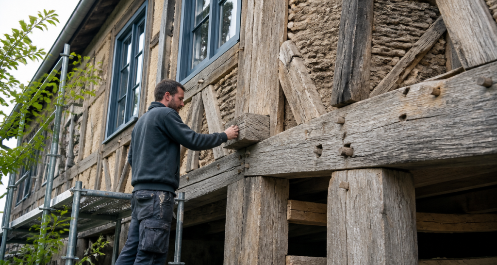 artisan rénovant colombage maison