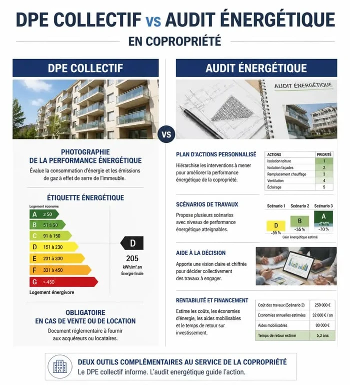 Infographie comparative entre DPE collectif et audit énergétique pour copropriété