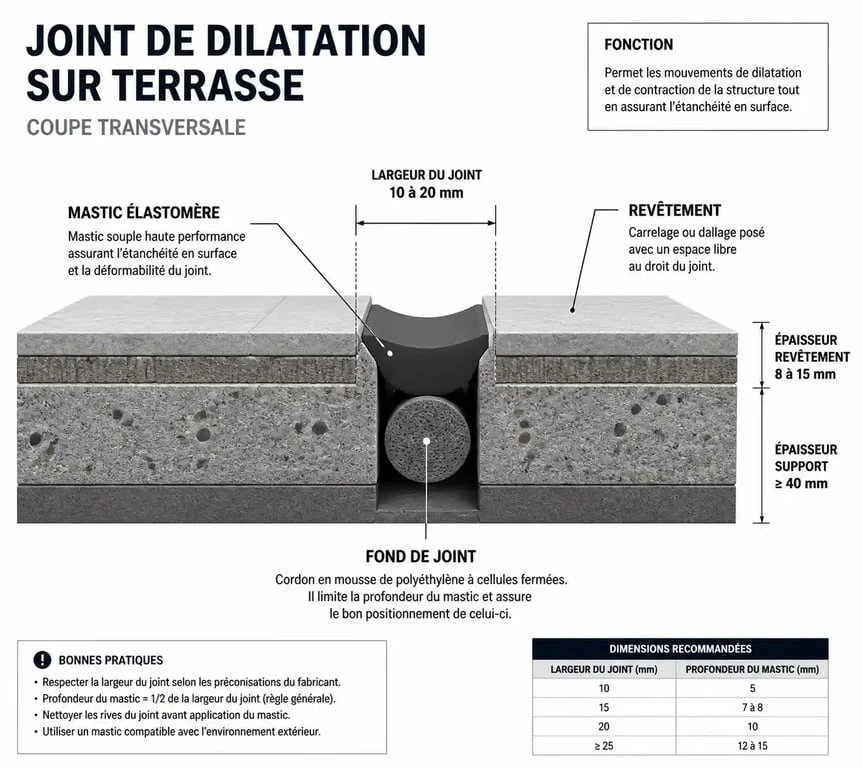 Schéma technique de pose d'un joint de dilatation terrasse extérieur