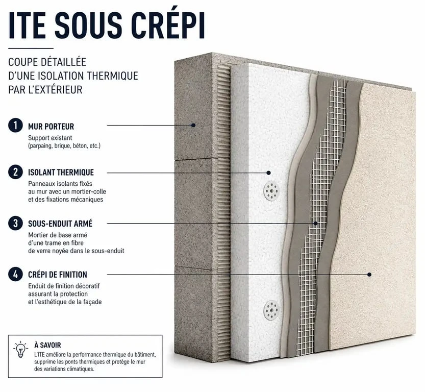 Schéma technique des couches d'un système de crépi isolant pour façade