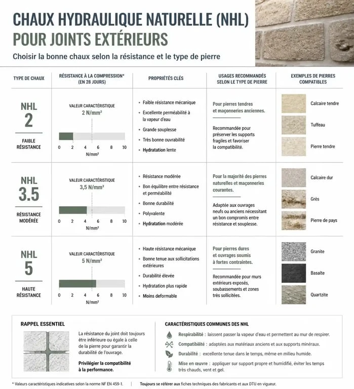 Tableau comparatif des types de chaux NHL pour joint à la chaux extérieur