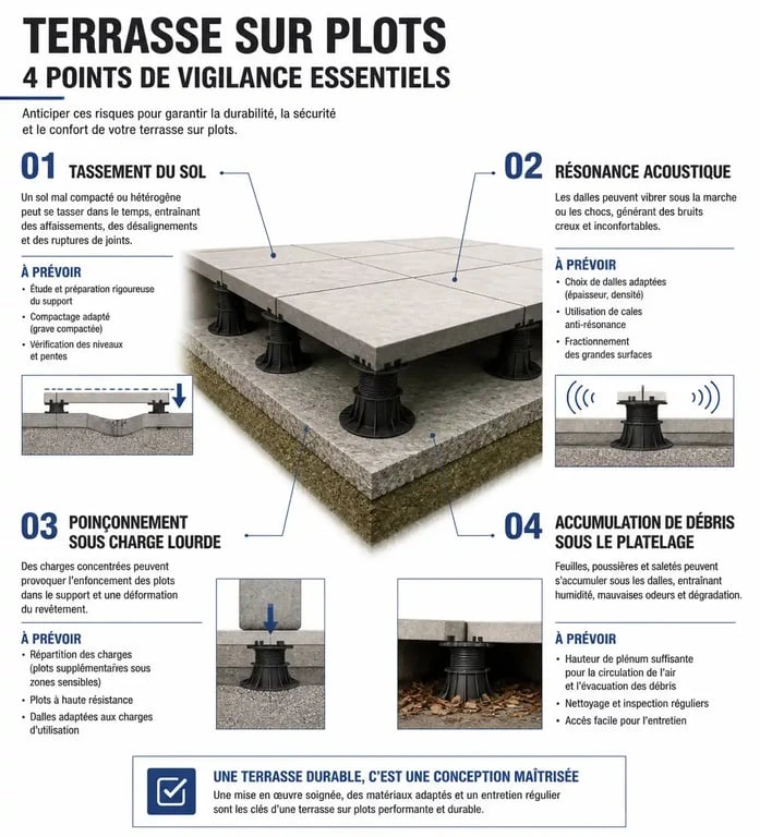 Infographie des inconvénients et points de vigilance pour une terrasse sur plots