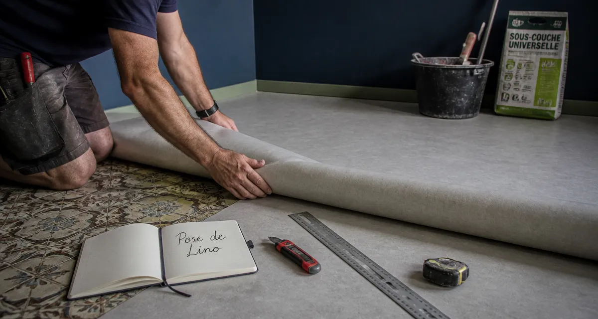 poser du lino sur carrelage dans un salon en rénovation