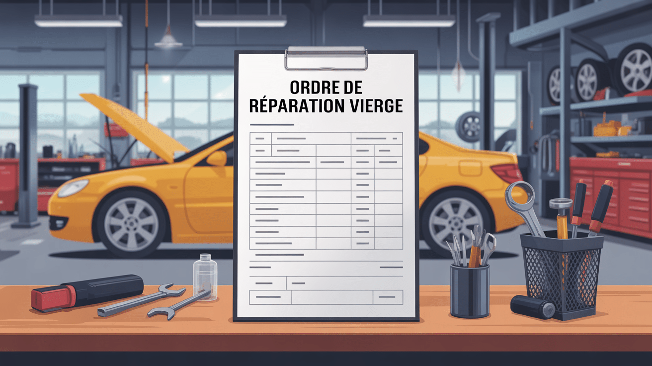 Formulaire ordre de réparation vierge posé sur bureau atelier