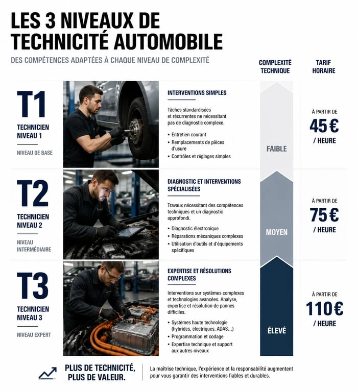 Infographie comparative des tarifs de main d'œuvre garage T1, T2 et T3 selon la technicité