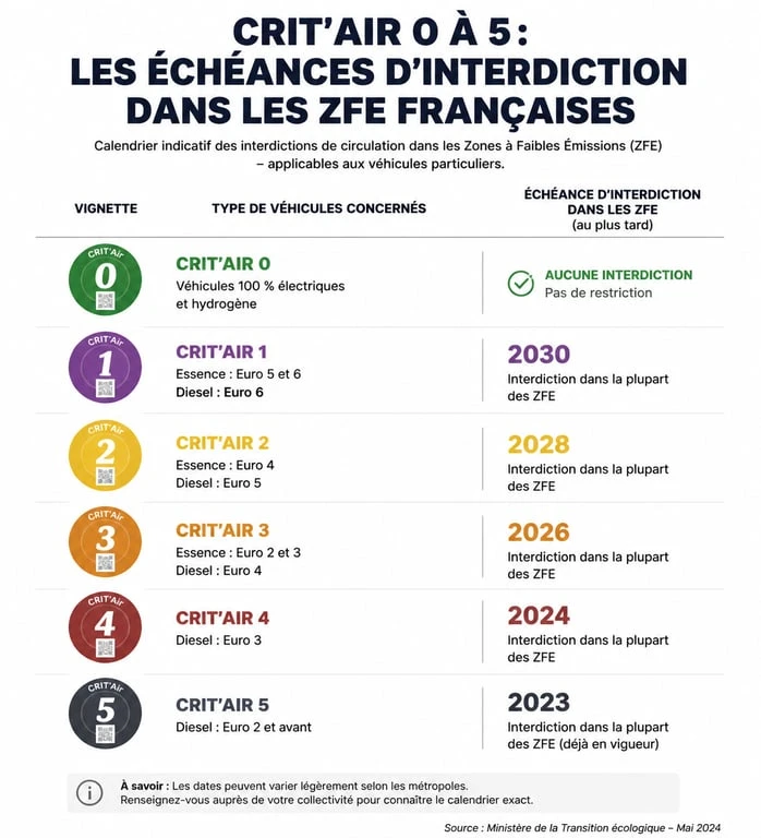 Infographie comparative des vignettes Crit'Air et calendrier des interdictions diesel dans les ZFE