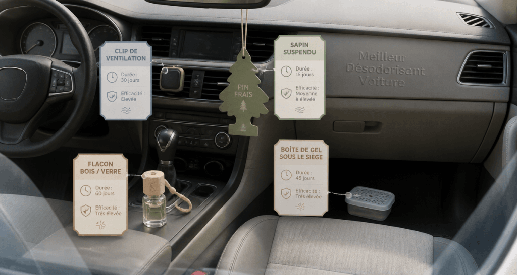 meilleur desodorisant voiture en différents formats sur console centrale