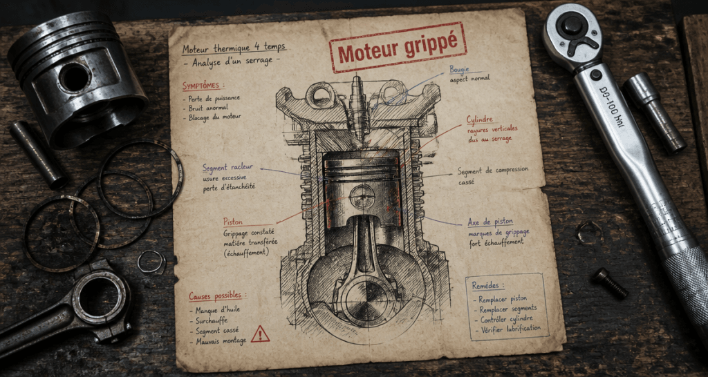 schéma moteur grippé et pièces mécaniques