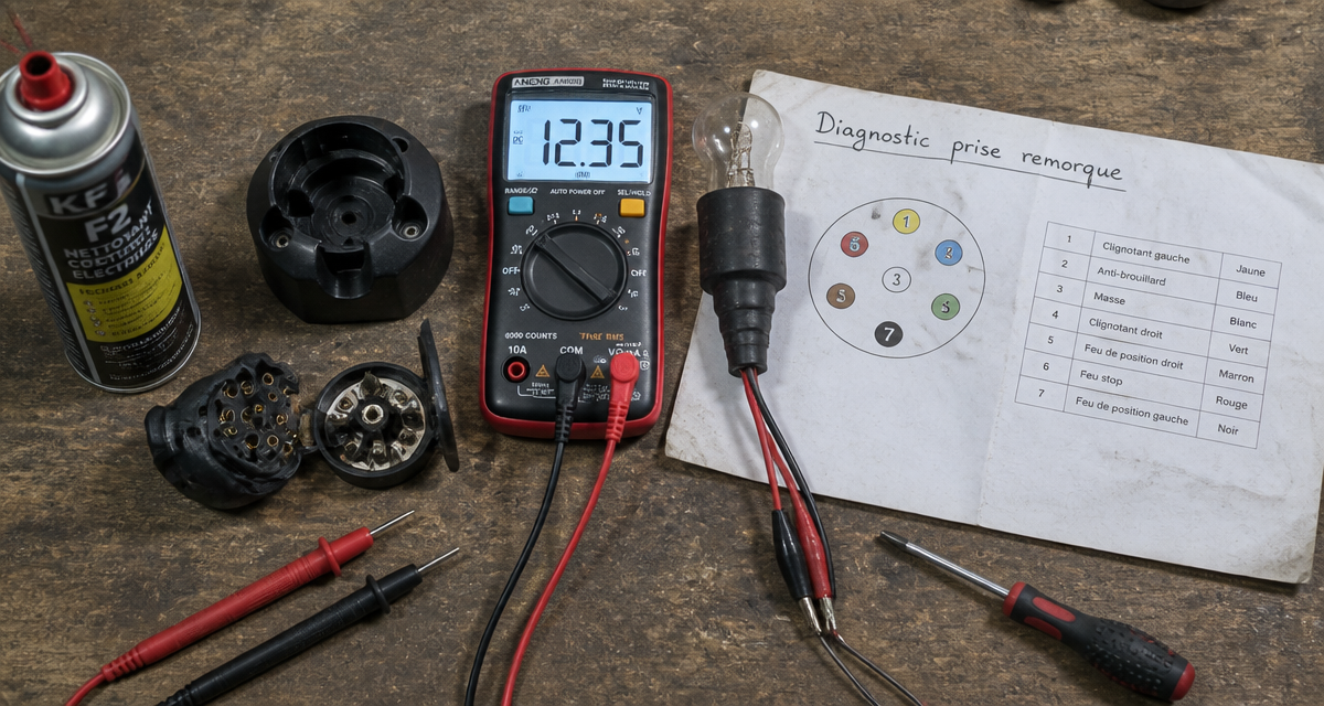 Tester prise remorque avec outils et schéma