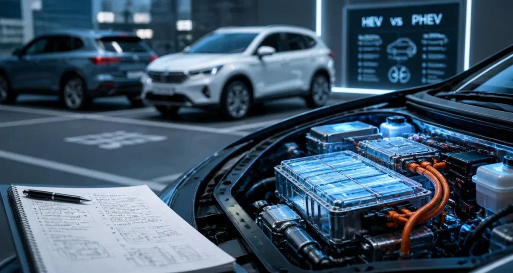 Différence entre hybride et hybride rechargeable : HEV vs PHEV sur tableau de bord