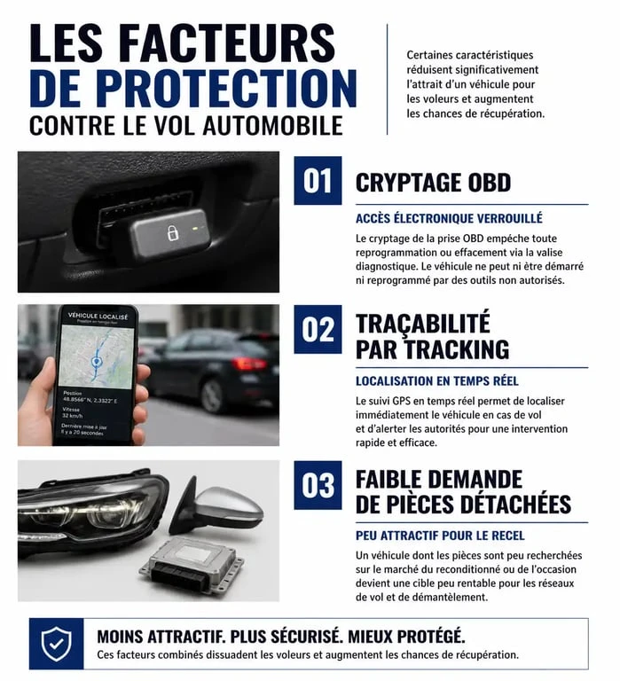 Infographie des facteurs de protection contre le vol des voitures les moins volées en France