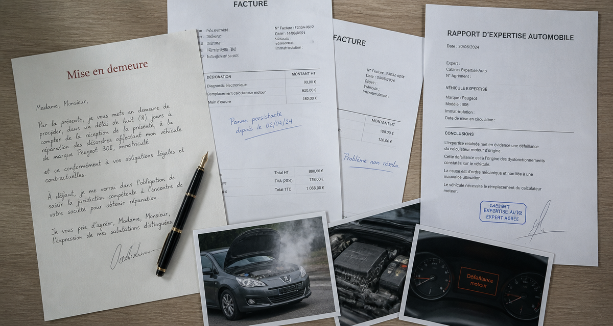 Lettre de réclamation concessionnaire automobile, factures et photos panne