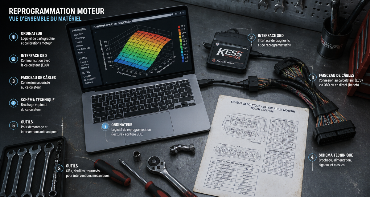 logiciel reprogrammation moteur sur établi avec outils et interface obd