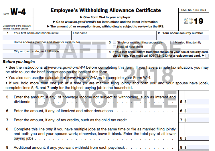 Form W-4 Update Delayed until 2020