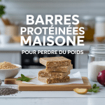 Barre proteinee maison perte de poids sur planche avec ingredients