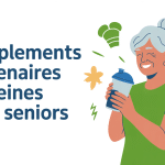 complement alimentaire proteine personne agee avec shaker et symboles de vitalite