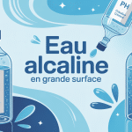 Eau alcaline grande surface bouteilles sur fond bleu