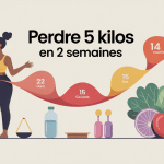 Illustration 2 semaines pour perdre 5 kilos, balance, calendrier, repas équilibré, haltères