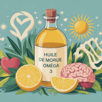 huile de foie de morue omega 3 illustration centrée avec cuillère et symboles bienfaits