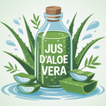 bienfait du jus aloe vera, bouteille entourée de feuilles, éclaboussures fraîches