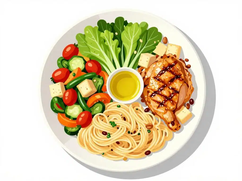 assiette pate healthy légumes protéines