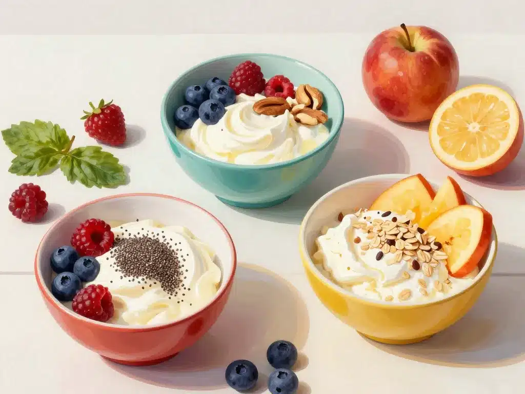 Trois bols variés de petit déjeuner fromage blanc avec toppings