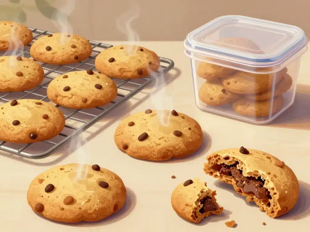 Cookies protéinés cuits, refroidis et conservés en boîte hermétique