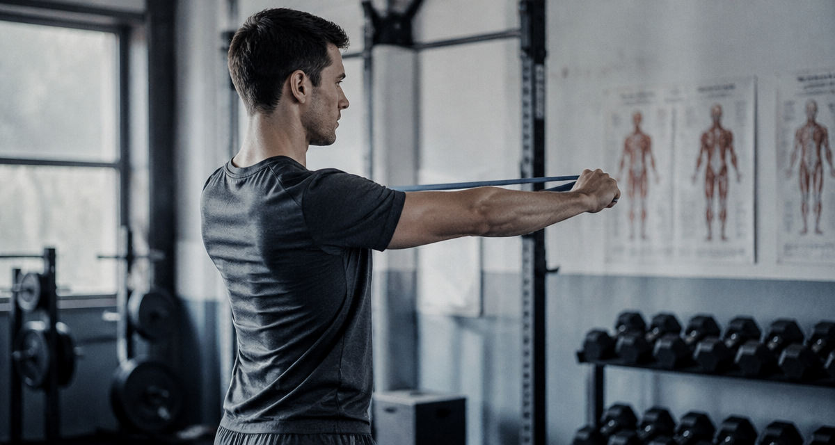Homme exécutant un band pull apart en salle de sport