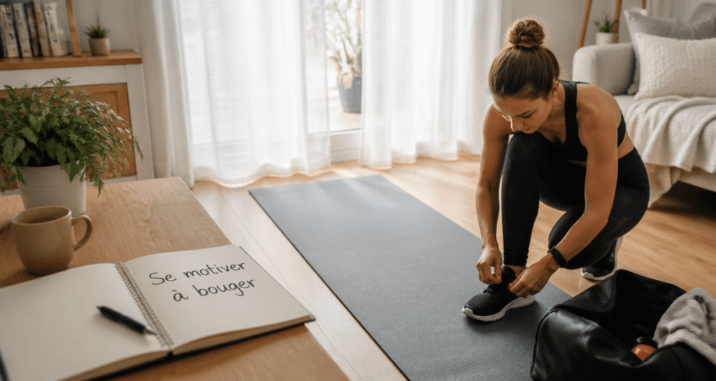 comment se motiver à faire du sport femme lacets tapis yoga