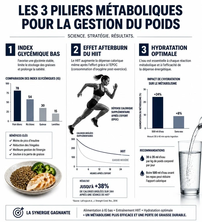 Infographie sur les piliers métaboliques pour perdre 5 kg en 10 jours de manière saine