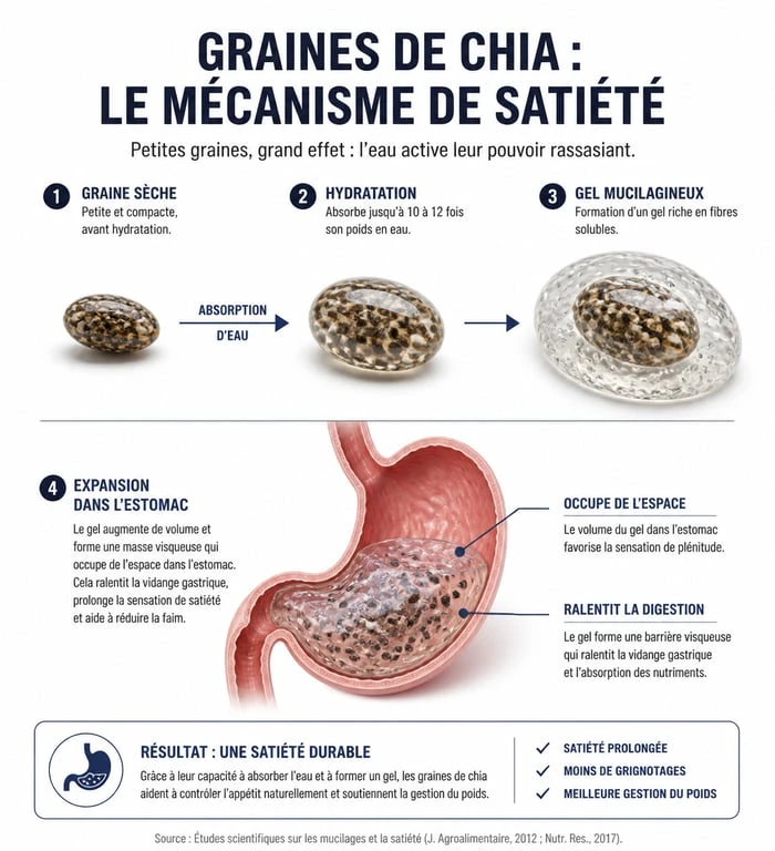 Infographie expliquant le mécanisme de satiété et l'absorption d'eau des graines de chia pour la perte de poids