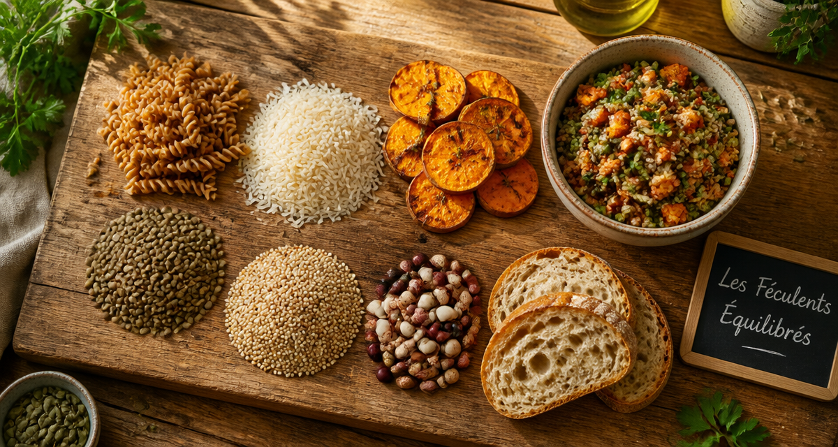 listes de féculents en planche bois avec salade
