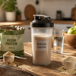 shaker proteine work sur table avec sachets poudre