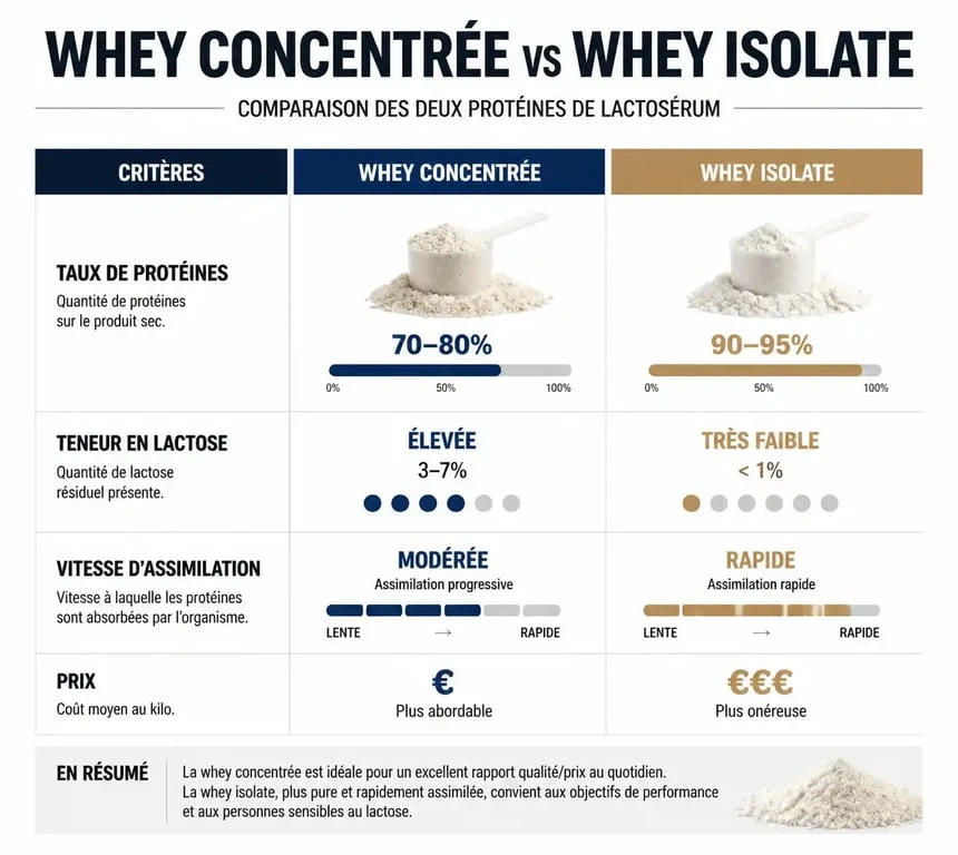 Infographie comparative des différences entre whey concentrée et whey isolate pour la nutrition sportive