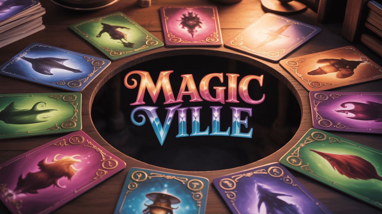 Cartes de jeu fantasy Magic Ville sur table bois