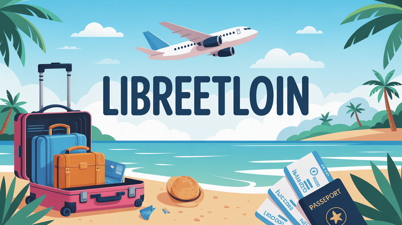 plage tropicale avec valise et avion libreetloin