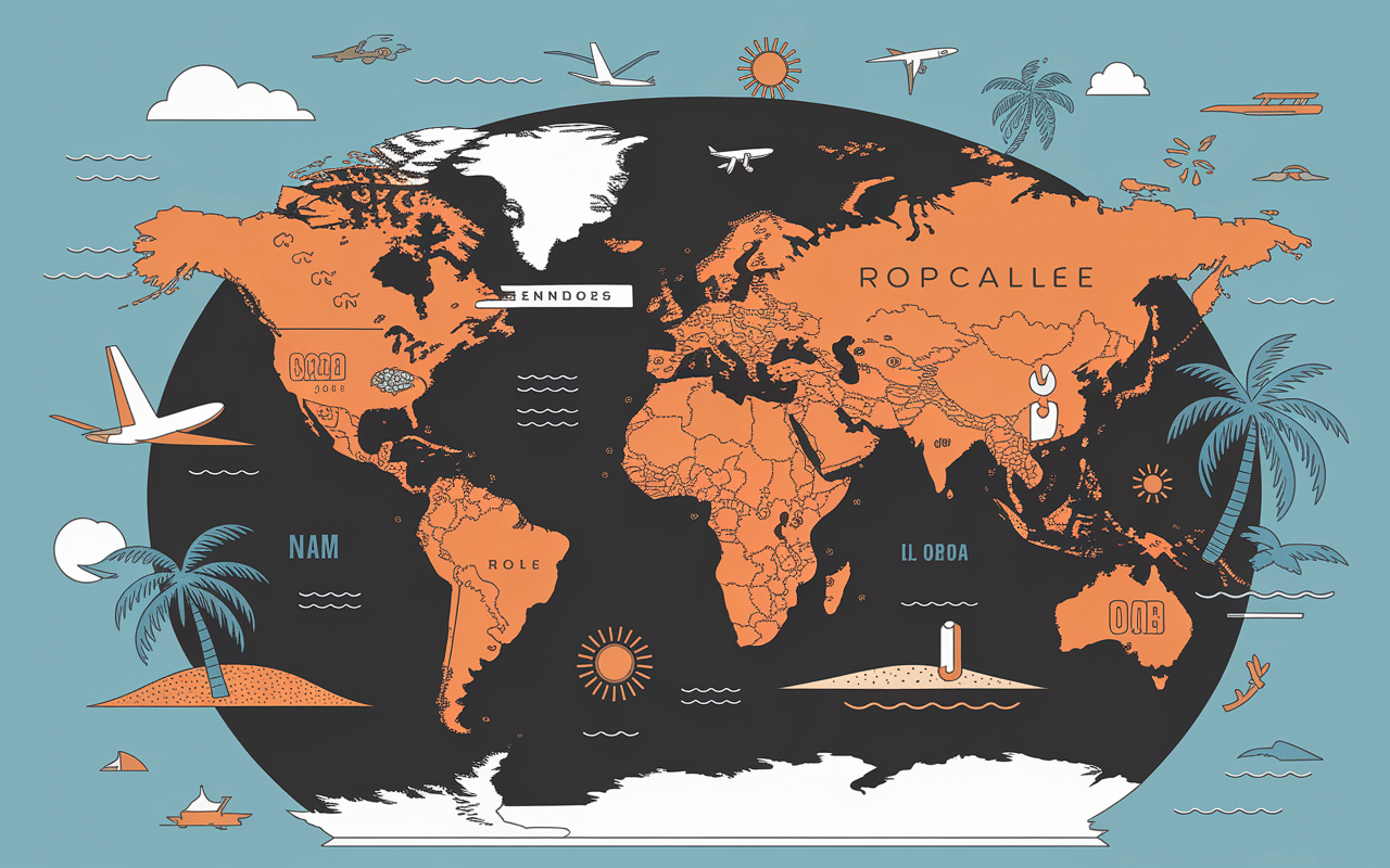 mappemonde avec destinations soleil fevrier et avion miniature