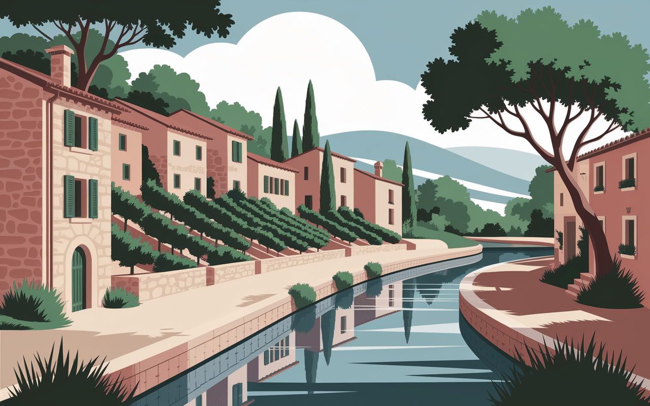 village vias plage avec vignobles et canal