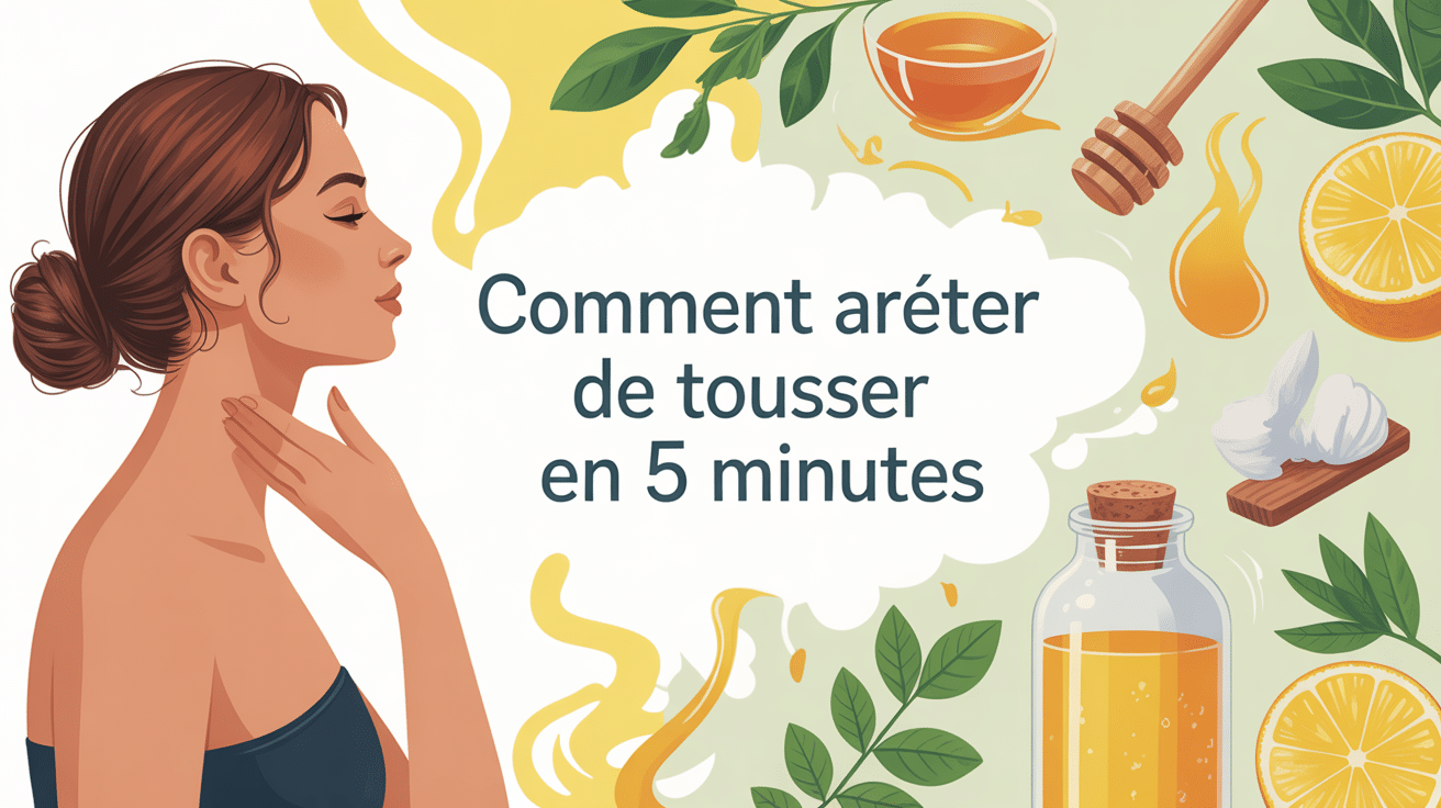Femme touchant gorge avec vapeur miel citron pour arrêter de tousser en 5 minutes